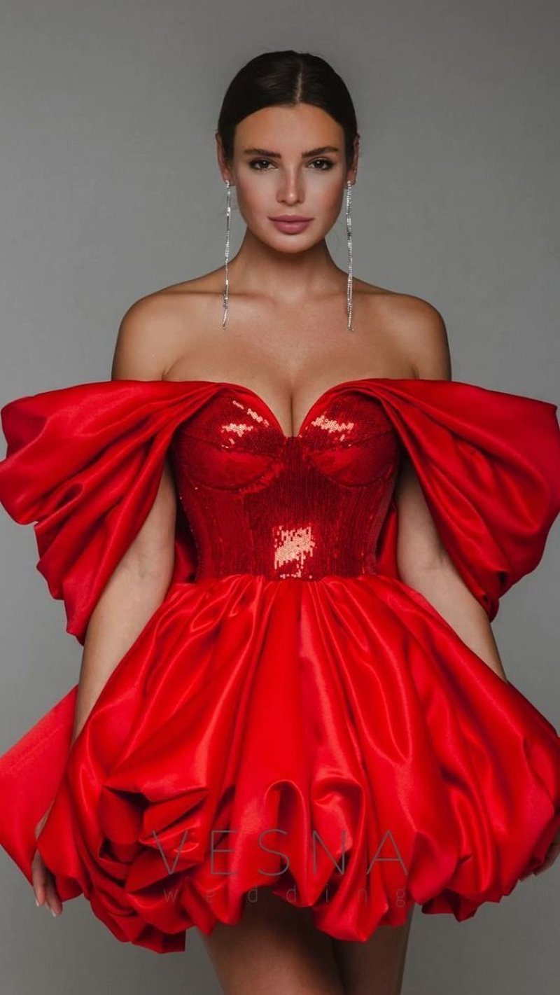 Off-Shoulder Red Ruffle Mini Dress H6661