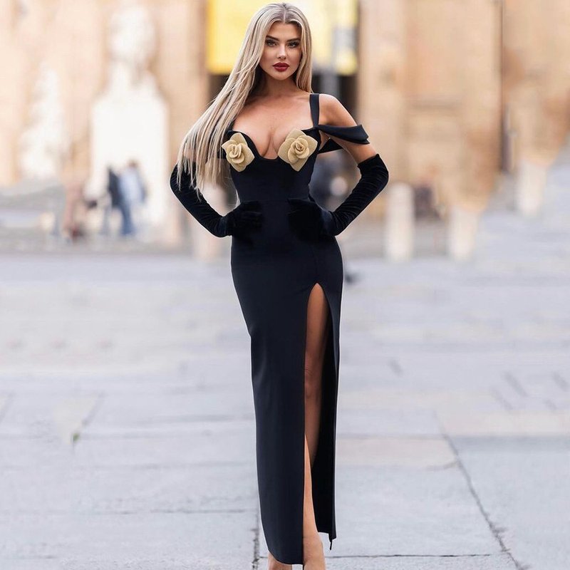 Off-Shoulder Rose Embellished Maxi Dress H6244