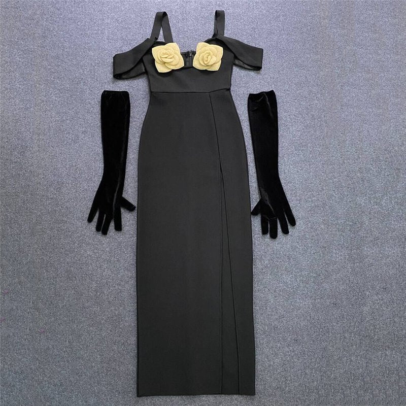 Off-Shoulder Rose Embellished Maxi Dress H6244