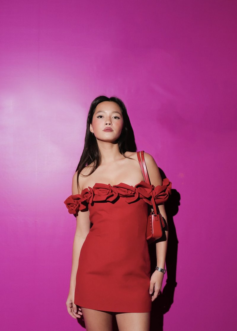 Off Shoulder Rose Ruffle Mini Dress H6202