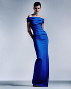 Off-Shoulder Royal Blue Satin Gown H5487