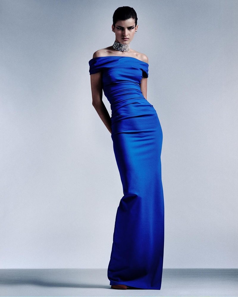 Off-Shoulder Royal Blue Satin Gown H5487