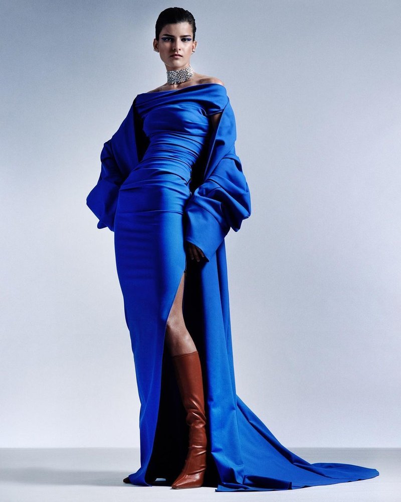 Off-Shoulder Royal Blue Satin Gown H5487