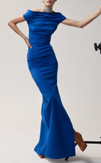 Off-Shoulder Royal Blue Satin Gown H5487