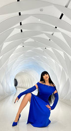 Off-Shoulder Royal Blue Satin Gown H5487