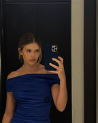 Off-Shoulder Royal Blue Satin Gown H5487