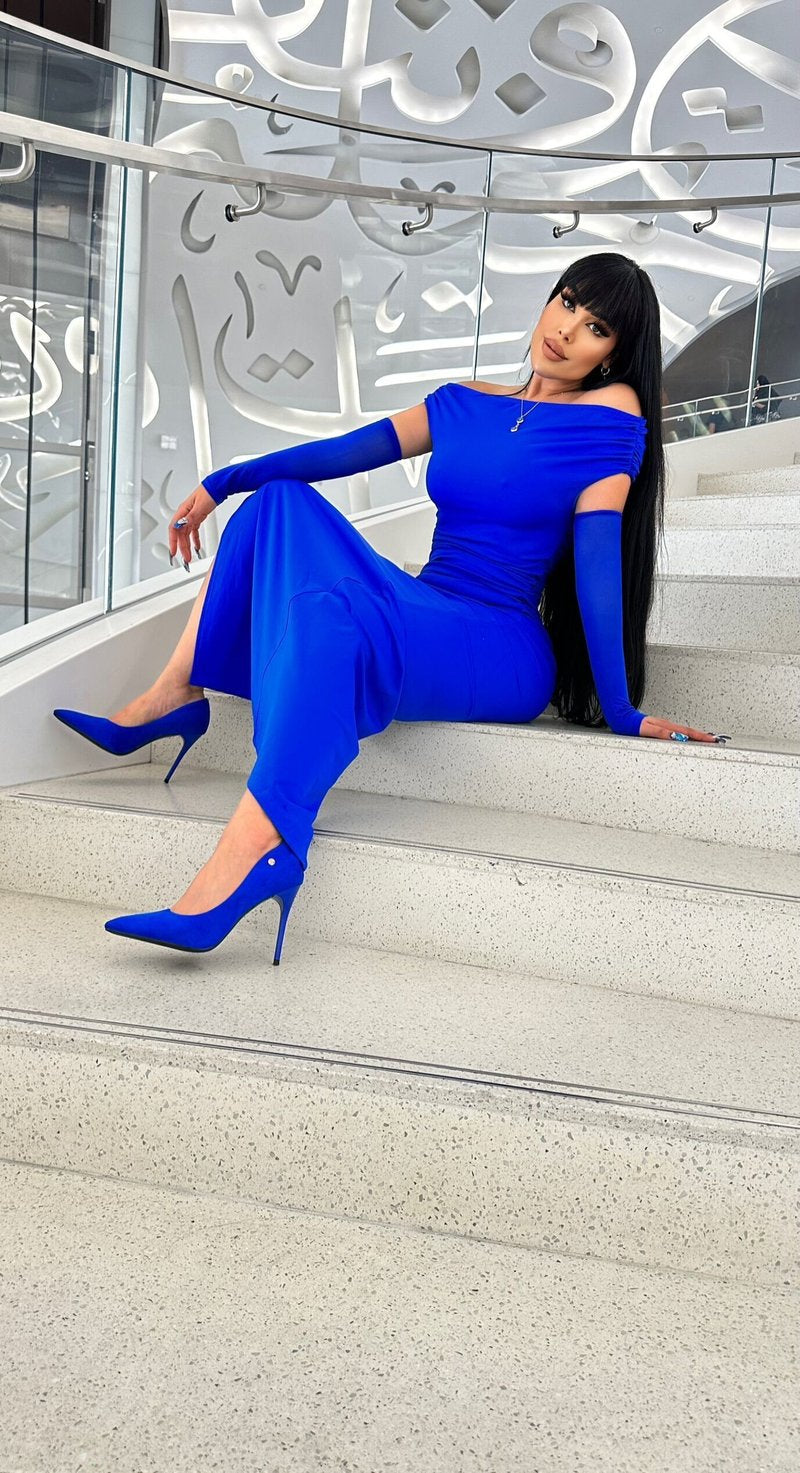 Off-Shoulder Royal Blue Satin Gown H5487