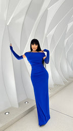 Off-Shoulder Royal Blue Satin Gown H5487