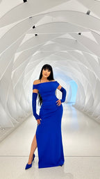 Off-Shoulder Royal Blue Satin Gown H5487