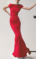 Off-Shoulder Royal Blue Satin Gown H5487