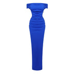 Off-Shoulder Royal Blue Satin Gown H5487