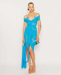 Off-Shoulder Ruched Asymmetric Midi Dress H7136