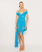 Off-Shoulder Ruched Asymmetric Midi Dress H7136