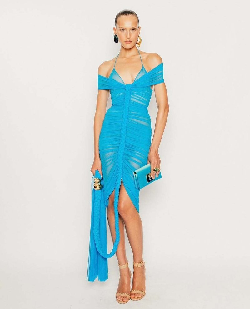 Off-Shoulder Ruched Asymmetric Midi Dress H7136