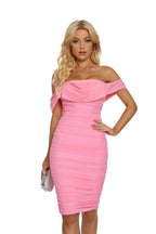 Off Shoulder Ruched Pink Bandage Dress H2563