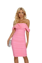 Off Shoulder Ruched Pink Bandage Dress H2563