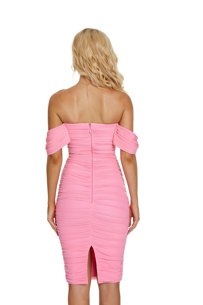Off Shoulder Ruched Pink Bandage Dress H2563