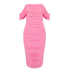 Off Shoulder Ruched Pink Bandage Dress H2563