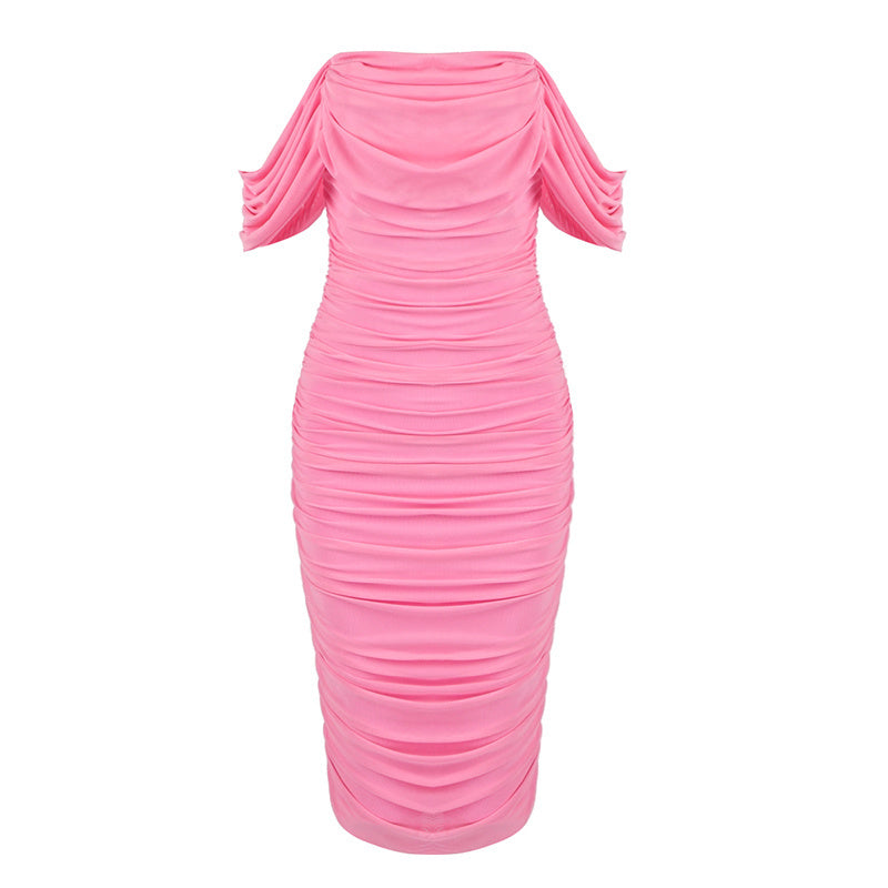 Off Shoulder Ruched Pink Bandage Dress H2563