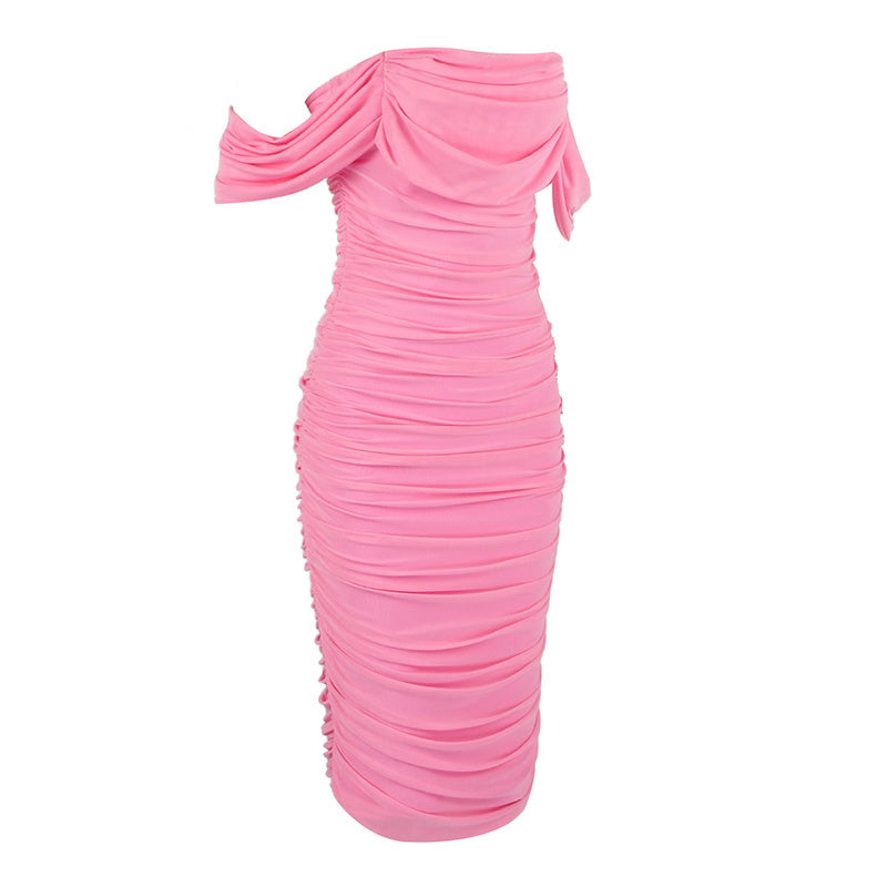 Off Shoulder Ruched Pink Bandage Dress H2563