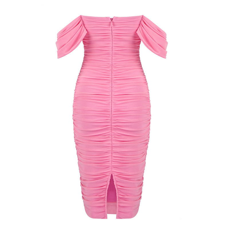 Off Shoulder Ruched Pink Bandage Dress H2563