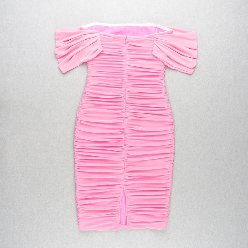 Off Shoulder Ruched Pink Bandage Dress H2563
