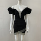 Off Shoulder Ruffle Black Bandage Dress H4659