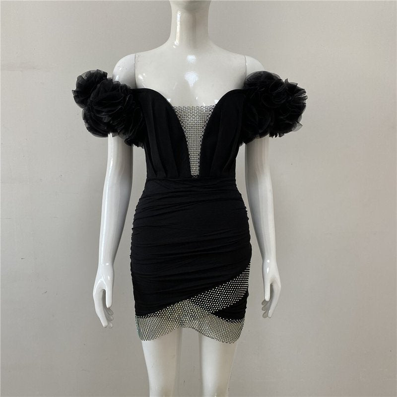 Off Shoulder Ruffle Black Bandage Dress H4659