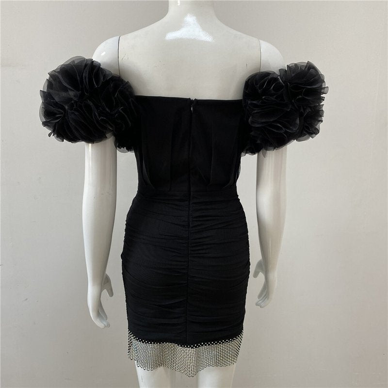 Off Shoulder Ruffle Black Bandage Dress H4659