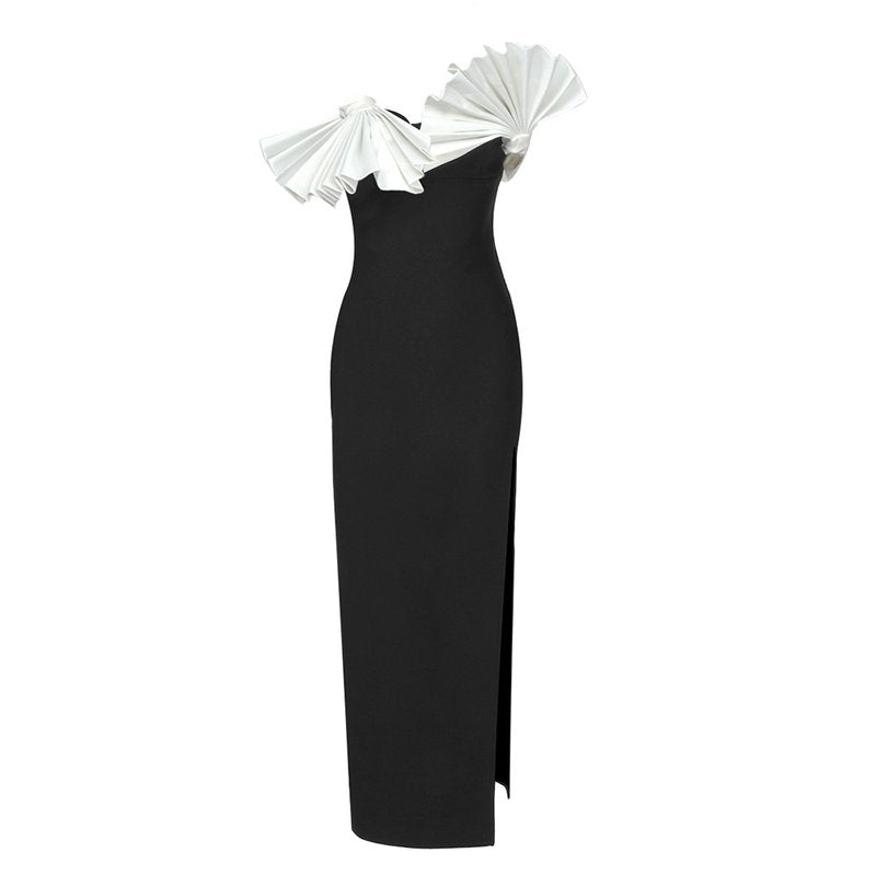 Off Shoulder Ruffle Black Bandage Dress H5998