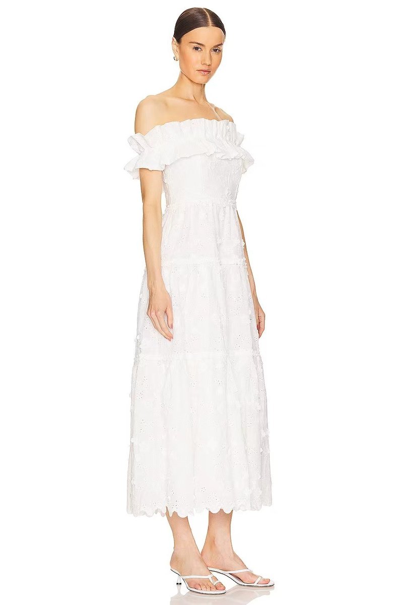 Off Shoulder Ruffle Embroidered Midi Dress H6346