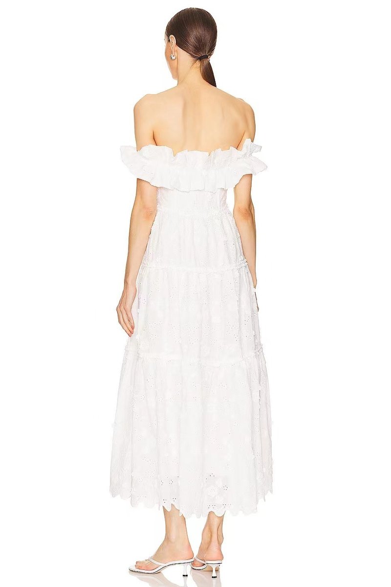 Off Shoulder Ruffle Embroidered Midi Dress H6346
