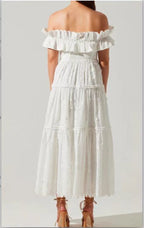 Off Shoulder Ruffle Embroidered Midi Dress H6346