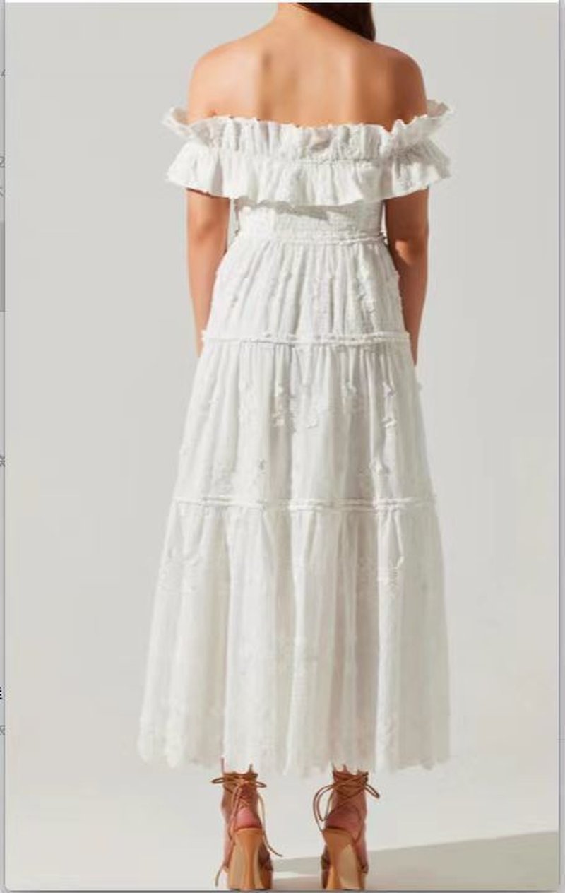 Off Shoulder Ruffle Embroidered Midi Dress H6346