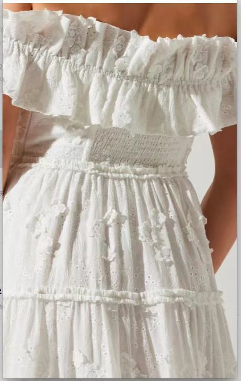 Off Shoulder Ruffle Embroidered Midi Dress H6346