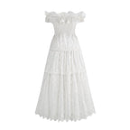 Off Shoulder Ruffle Embroidered Midi Dress H6346