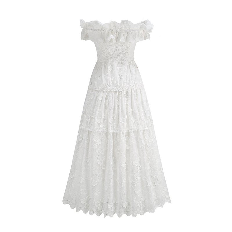 Off Shoulder Ruffle Embroidered Midi Dress H6346