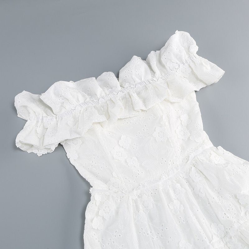 Off Shoulder Ruffle Embroidered Midi Dress H6346
