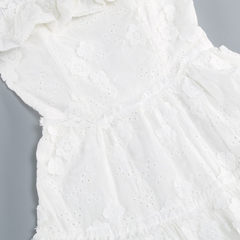 Off Shoulder Ruffle Embroidered Midi Dress H6346
