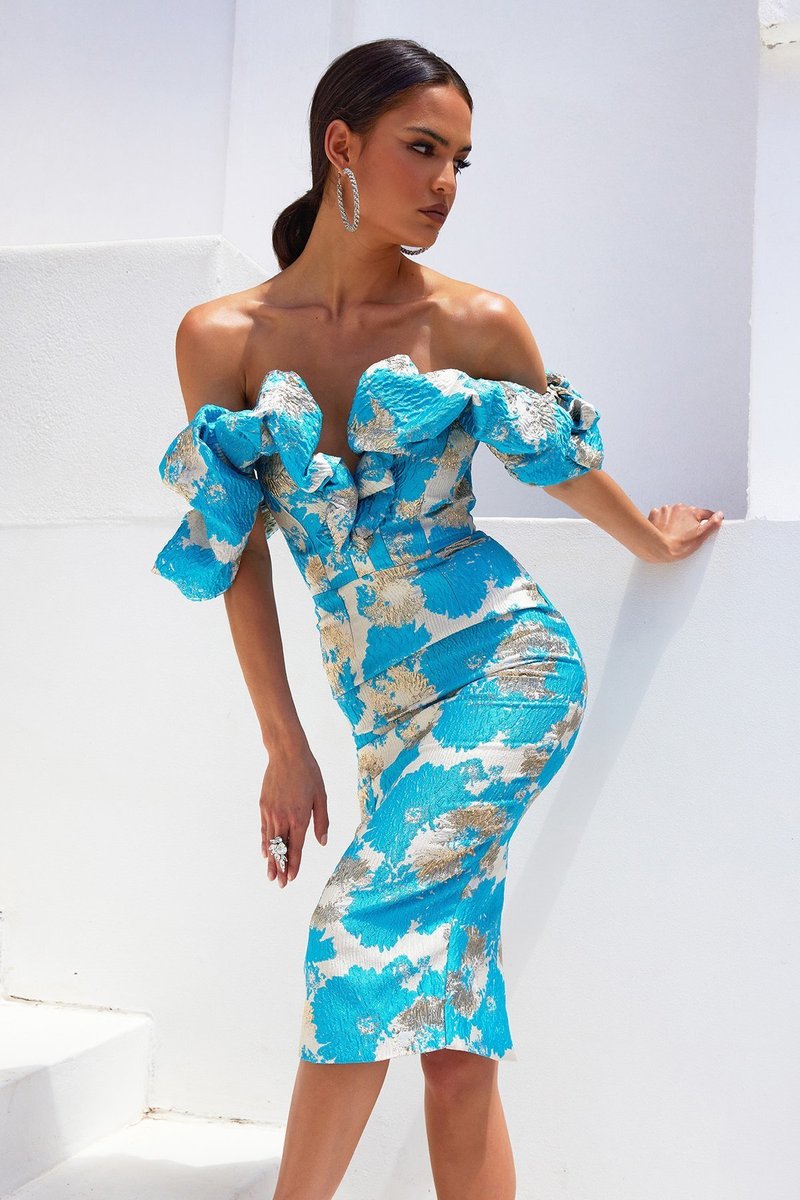 Off Shoulder Ruffle Midi Dress H4856