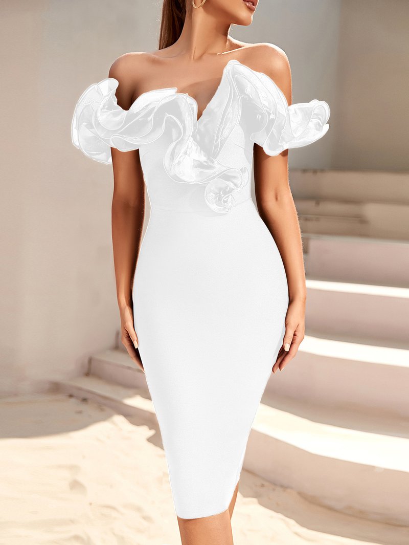 Off Shoulder Ruffle Midi Dress H6031