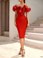 Off Shoulder Ruffle Midi Dress H6031