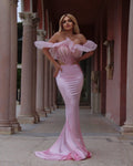 Off-Shoulder Ruffle Pink Mermaid Gown H5714