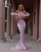 Off-Shoulder Ruffle Pink Mermaid Gown H5714