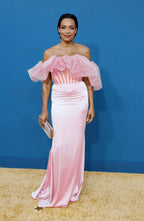 Off-Shoulder Ruffle Pink Mermaid Gown H5714