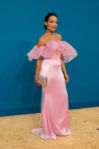 Off-Shoulder Ruffle Pink Mermaid Gown H5714