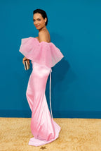 Off-Shoulder Ruffle Pink Mermaid Gown H5714
