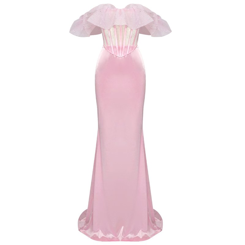 Off-Shoulder Ruffle Pink Mermaid Gown H5714