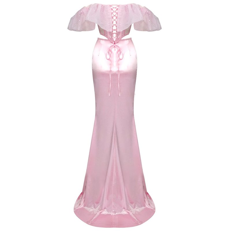 Off-Shoulder Ruffle Pink Mermaid Gown H5714