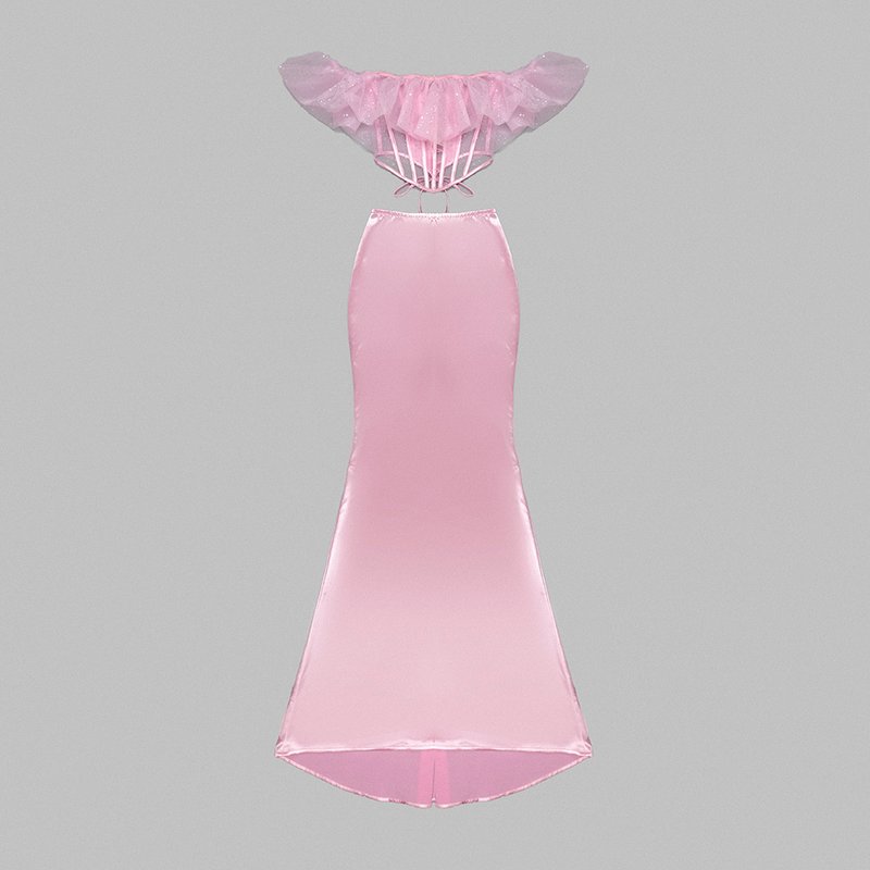 Off-Shoulder Ruffle Pink Mermaid Gown H5714